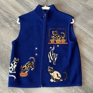 Blue boiled wool full zip adorable cat embroidered vest Lisa International M